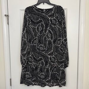 LOFT Black and White Floral Long Sleeve Drop-waist Dress